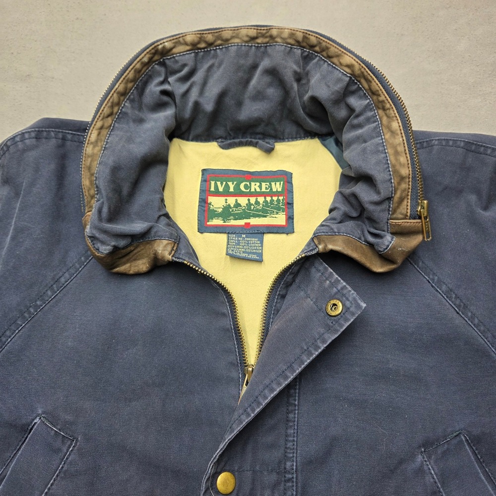Vintage Ivy Crew Mens Navy Blue Canvas Field Jacket Leather Trim Hooded Medium